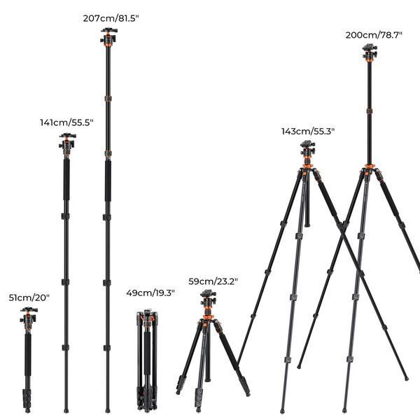 Професійний штатив для камери K&F Concept K234A7+BH-28L із центральною колоною, що обертається на 360&deg; (2м, 10кг) (KF09.087V6) KF09.087V6 фото