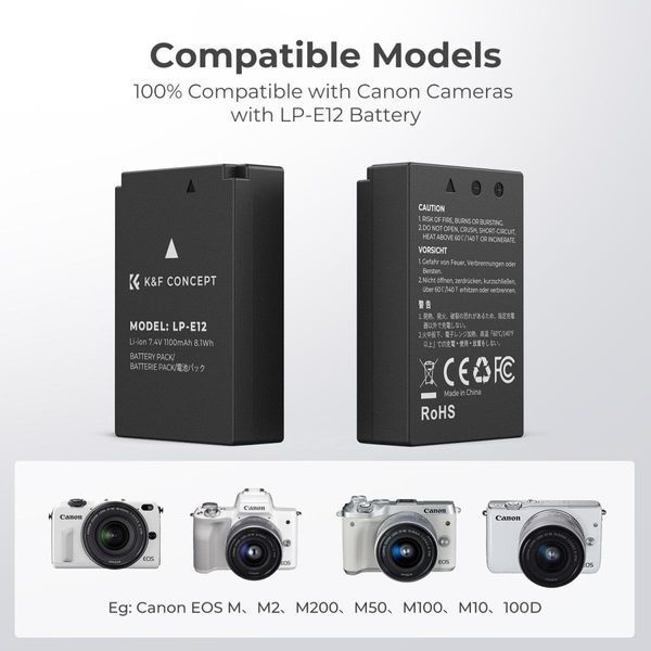 Комплект з двох акумуляторів 1100мАг та зарядного пристрою K&F Concept LP-E12 для фотокамер Canon (KF28.0029) KF28.0029 фото